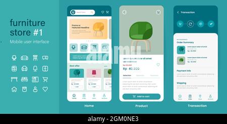 Mobile App Benutzeroberfläche UI-Kit UX von Möbel Shop Online-Shop E-Commerce Website Layout Smartphone-Modell in Vektor Stock Vektor