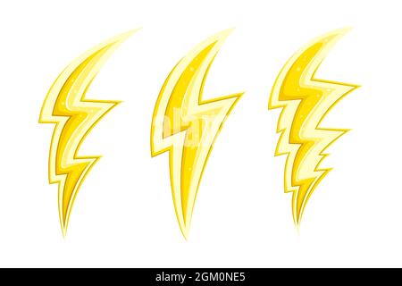Glänzende elektrische Blitze und Blitze im Comic-Stil. Cartoon-Blitze Set. Vektorgrafik isoliert auf weißem Hintergrund Stock Vektor