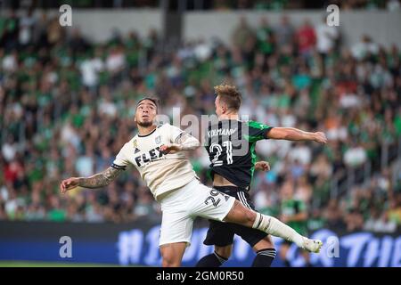 15. September 2021: Los Angeles FC Cristian Arango Forward (29) im Einsatz während des MLS-Spiels gegen den FC Austin im Q2 Stadium. Austin, Texas. Mario Cantu/CSM Stockfoto