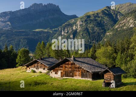 FRANKREICH HAUTE-SAVOIE (74) LES HOUCHES, BAUERNHÖFE DES WEILERS CHAROUSSE, IM HINTERGRUND DAS FIZ-MASSIV, CHAMONIX-TAL Stockfoto