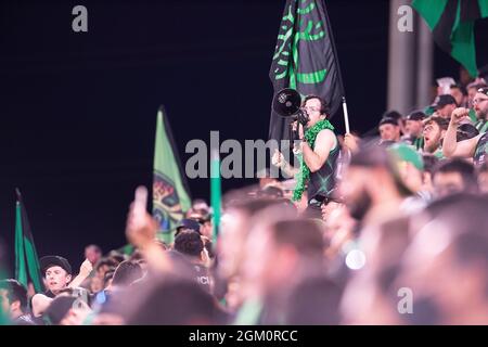 15. September 2021: FC Austin-Fans in Aktion während des MLS-Spiels gegen den FC Los Angeles im Q2 Stadium. Austin, Texas. Mario Cantu/CSM Stockfoto