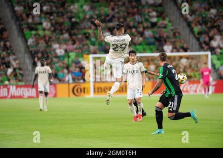 15. September 2021: Los Angeles FC Cristian Arango Forward (29) im Einsatz während des MLS-Spiels gegen den FC Austin im Q2 Stadium. Austin, Texas. Mario Cantu/CSM Stockfoto