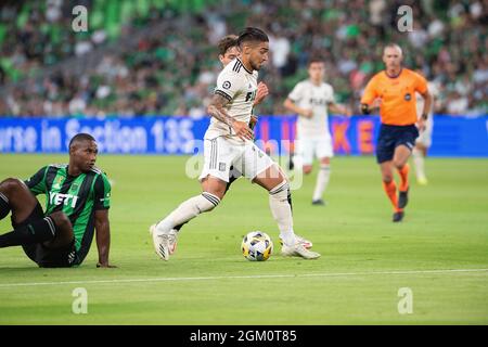 15. September 2021: Los Angeles FC Cristian Arango Forward (29) im Einsatz während des MLS-Spiels gegen den FC Austin im Q2 Stadium. Austin, Texas. Mario Cantu/CSM Stockfoto