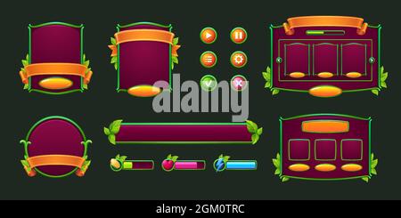 Spielknöpfe und Rahmen mit grünen Rändern und Blättern. Design-Elemente und Anlagen mit Werken für die Benutzeroberfläche. Vector Cartoon Satz von Balken, Check-und Kreuzmarken und Panels Stock Vektor
