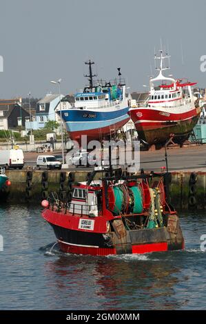 FRANKREICH. FINISTERE (29) LE GUILVINEC. FISCHERHAFEN. ZURÜCK VOM ANGELN (BILD NICHT VERFÜGBAR FÜR KALENDER ODER POSTKARTE) Stockfoto