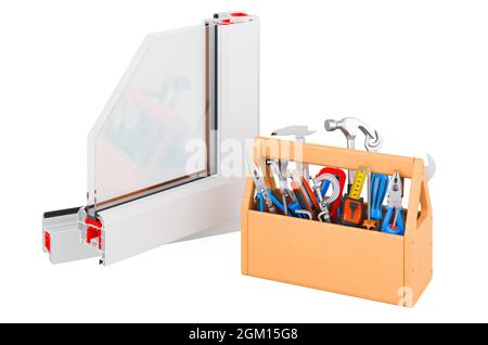 Kunststoff-Fensterprofil mit Werkzeugkasten. Wartung und Reparatur des Kunststoff-Fensterprofils. 3D-Rendering auf weißem Hintergrund isoliert Stockfoto