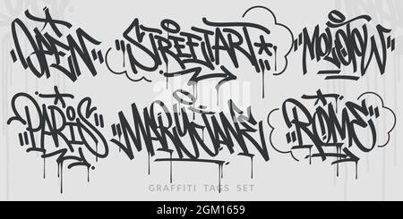 Flache Hand Geschrieben Abstrakt Hip Hop Urban Street Art Graffiti Stil Worte Vektor Illustration Set Stock Vektor