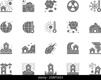 Satz grauer Symbole für Naturkatastrophen. Dürre, globale Erwärmung, Umweltverschmutzung und mehr. Stock Vektor