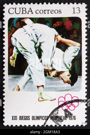 KUBA - UM 1976: Eine auf Kuba gedruckte Briefmarke zeigt Judo, Olympische Sommerspiele, Montreal, um 1976 Stockfoto