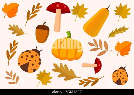 Herbstmuster mit Früchten und Blättern Herbst, Pilze und Käfer Stock Vektor