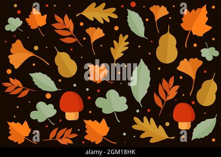 Flaches Design Herbstblätter Muster auf schwarzem Hintergrund Stock Vektor