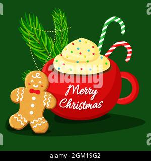 Weihnachtsgetränk und Lebkuchenkekse mit festlichen Ornamenten. Vektorgrafik flach. Stock Vektor