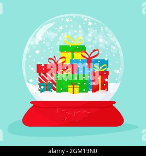 Schneekugel mit Weihnachtsgeschenkschachteln im Inneren. Bunte Geschenke mit Schleifen. Vektorgrafik flach. Stock Vektor