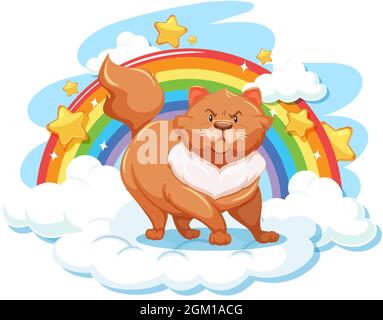 Mollige Katze auf der Wolke mit Regenbogenabbildung Stock Vektor