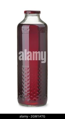 Vorderansicht der Glasflasche mit Brombeersaft isoliert auf Weiß Stockfoto