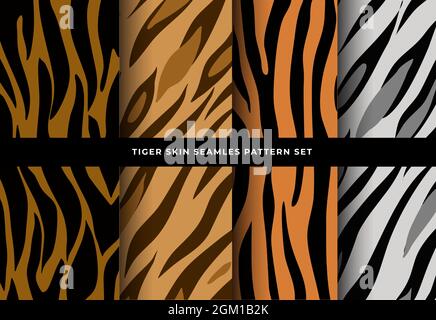 Set aus nahtlosem Tiger-Skin-Muster. Säugetierpelz Sammlung von Print-Skins. Druckbarer Hintergrund. Vektorgrafik. Stock Vektor