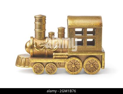 Seitenansicht der goldenen Spielzeug-Dampfzug Lokomotive isoliert auf weiß Stockfoto