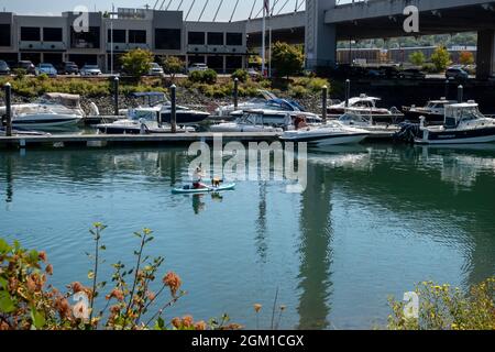 Tacoma, WA USA - ca. August 2021: Ansicht einer Frau und ihres Hundes beim Kajakfahren auf dem Thea Foss Waterway in der Innenstadt von Tacoma Stockfoto