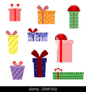 Eine Reihe von Geschenkboxen mit Schleifen, verschiedenen Formen und Mustern. vektor isoliert auf einem weißen Hintergrund. Stock Vektor