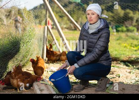 Frau Bauer Fütterung Vogel im Hinterhof in einem Haus im Dorf Stockfoto