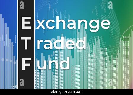 Financial Term ETF (Exchange Traded Fund) mit blauem und grünem Finanzhintergrund. Trend nach oben und unten, flach. 3D-Illustration. Finanzmarktkonzept Stockfoto