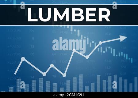 Preisänderung bei Lumber Futures in der Welt mit blauem Finanzhintergrund. Trend nach oben und unten. 3D-Illustration. Marktkonzept für Finanzderivate Stockfoto