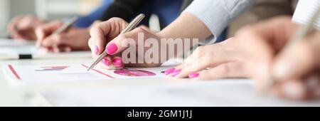 Hände von Mitarbeitern mit Stiften und Geschäftsgraphen mit finanziellen Anzeigen Stockfoto