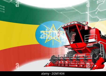 Agrarinnovationskonzept, moderner Rotweizen Mähdrescher auf Äthiopiens Flagge - digitale industrielle 3D-Illustration Stockfoto