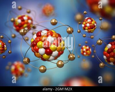 Abstraktes Molekülmodell bestehend aus farbigen Kugeln. 3D-Illustration. Stockfoto