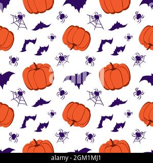 Nahtloses Muster mit Kürbissen, Fledermäusen und Spinnen. Halloween Party Dekoration. Festlicher Hintergrund für Papier, Textil, Urlaub und Design Stock Vektor