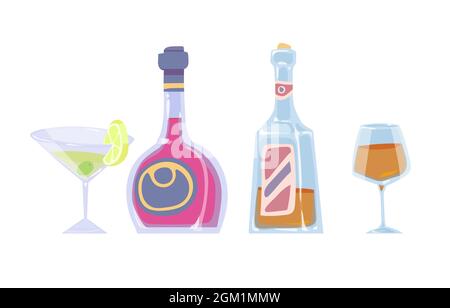Cartoon-Farbzeichnung von Flaschen und Gläsern mit alkoholischen Getränken auf weißem Hintergrund. Vektorclipart. Stock Vektor
