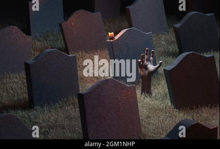 zombie Hand kommt aus dem Boden in einem Friedhof voller Grabsteine. 3d-Rendering Stockfoto