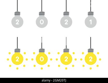 Neues Jahr Vektorkonzept, grau hängende 2021 Glühbirnen und glühende hängende 2022 Glühbirnen. Flacher Style. Stock Vektor