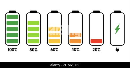 Symbole für die Akkuanzeige. Satz farbiger Symbole von Batterien mit unterschiedlichen Ladezuständen, die auf einem hellen Hintergrund isoliert sind. Vektor Stock Vektor