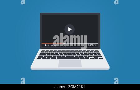 Moderner Laptop mit Videoplayer auf dem Bildschirm. Online-Videos, Filme ansehen, Schulungsmaterialien, Web-Kurse Konzepte. Vektorgrafik. Stock Vektor