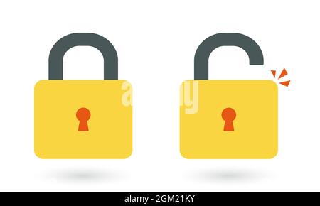 Schloss offen und Schloss geschlossen Vektor-Symbole isoliert auf weißem Hintergrund, gelbe Vorhängeschlösser Formen Abbildung, flache Cartoon-Schlösser Set-Design. Stock Vektor
