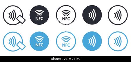 NFC-Symbol eingestellt. Logo für kontaktloses kabelloses Bezahlen. NFC-Technologie ohne Kreditkarte. Logo für kontaktlose Zahlung. NFC-Zahlungssymbol für Apps. Stock Vektor