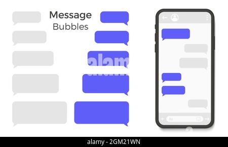 Chat-sms-Vorlagen für Smartphones. Platzieren Sie Ihren eigenen Text in den Nachrichtenwolken. Erstellen Sie Dialoge mithilfe von Probenblasen. Vektorgrafik. Stock Vektor