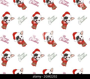 Weihnachtliche nahtlose Vektor-Muster mit niedlichen französisch Bulldogge, trägt weihnachtsmann Hut. Hintergrundbild Neujahr. Die Inschrift Frohe Weihnachten. Textile Zusammensetzung, handgezeichneter Stil. Isolierter Welpendruck. Stock Vektor