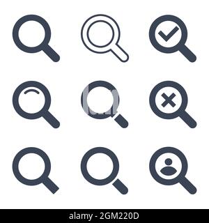 Festlegen der Lupensuche. Sammlung von hochwertigen Lupensuche, Lupensuche Symbole. Suche nach Symbollupe einstellen. Vektorgrafik. Stock Vektor