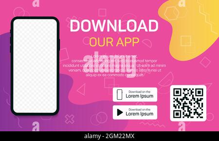 Laden Sie unser App-Werbebanner herunter. Handymockup auf rosa Hintergrund. App für Mobilgeräte. UI- und UX-Design. Vektorgrafik. Stock Vektor