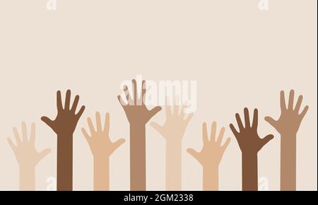 Die Hände hochgehoben. Menschen verschiedener Nationalitäten. Vector Banner hob seine Hand. Harmonie der Multikulturalität. Friedenszeichen Gleichheit. Vektorgrafik Stock Vektor