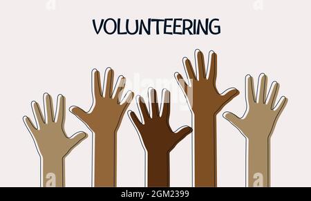 Die Hände hochgehoben. Menschen verschiedener Nationalitäten. Vector Banner hob seine Hand. Harmonie der Multikulturalität. Friedenszeichen Gleichheit. Vektorgrafik Stock Vektor