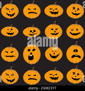 Nahtloses Muster mit niedlichen Halloween Kürbissen im Cartoon-Stil auf schwarzem Hintergrund Stock Vektor