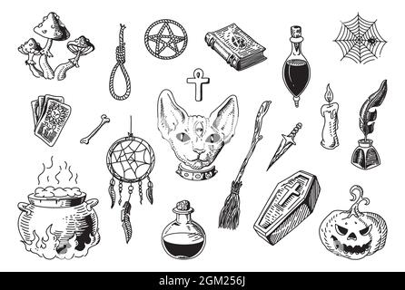 Vector Sammlung von mystischen magischen Boho-Elementen auf weiß isoliert. Hexerei astrologischer Satz. Handgezeichnete Skizze esoterische Objekte. Stock Vektor