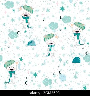 Nahtloses niedliches Muster, Eisbär, Schnee, Schneeflocken, Bär im Schal, Winter. Vektorgrafik für Kinder. Stock Vektor