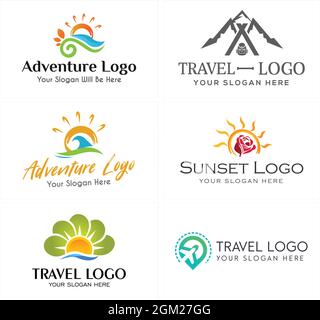 Reisen Abenteuer Meer Berg Flugzeug Logo-Design Stock Vektor