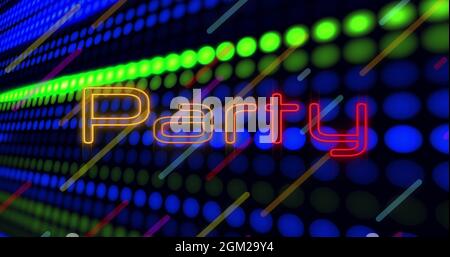 Bild von Party Neon leuchtenden Text über Reihen von leuchtenden grünen und blauen Flecken Stockfoto