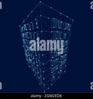 Die Kontur eines mehrstöckigen Gebäudes aus blauen Linien auf dunklem Hintergrund mit leuchtenden Lichtern. 3D. Vektorgrafik. Stock Vektor