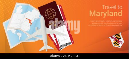 „Reise nach Maryland“-Pop-under-Banner. Reise-Banner mit Pass, Tickets, Flugzeug, Bordkarte, Karte und Flagge von Maryland. Vektorvorlage. Stock Vektor